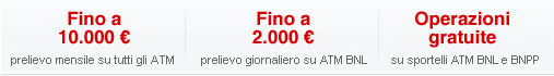 Fino a 10.000 euro prelievo mensile su tutti gli ATM, Fino a 2000 euro prelievo giornaliero su ATM BNL, Operazioni gratuite su sportelli ATM BNL BNPP