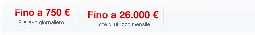 Fino a 750 € Prelievo giornaliero,  Fino a 26.000 € Limite utilizzo mensile
