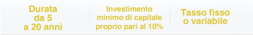 Durata  da 5 a  20 anni,Investimento minimo di capitale proprio pari al 10%,Tasso fisso o variabile