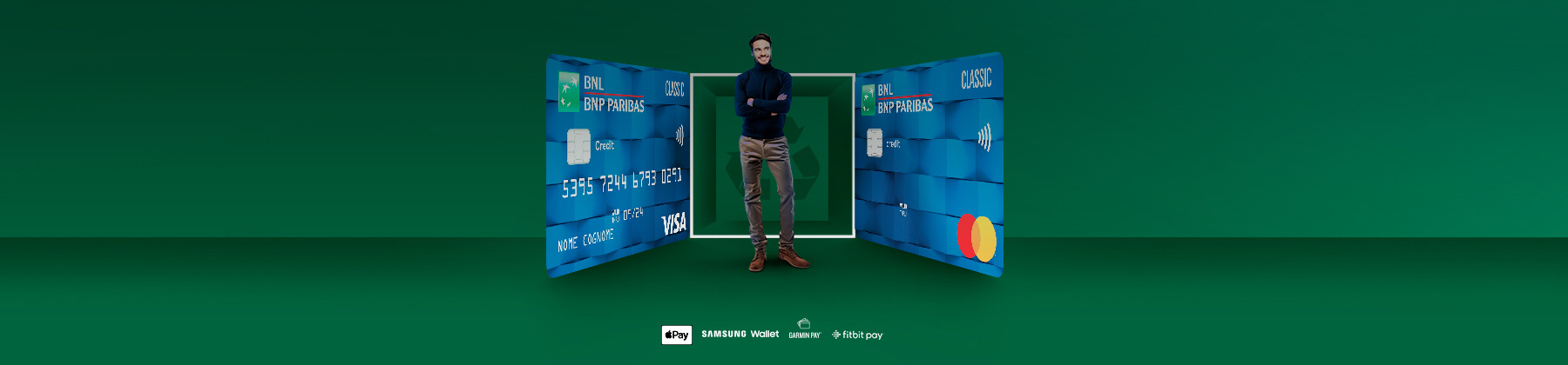 due carte di credito BNL Classic blu con tecnologia contactless in materiale PVC